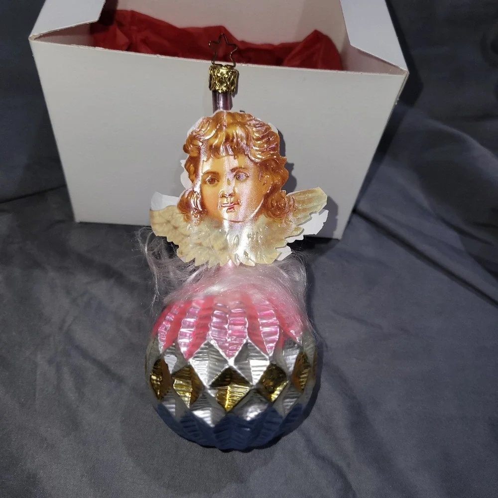 VTG Inge Glas Cherub Above Ball With Tinsel Wire Old World Holiday Ornament RARE